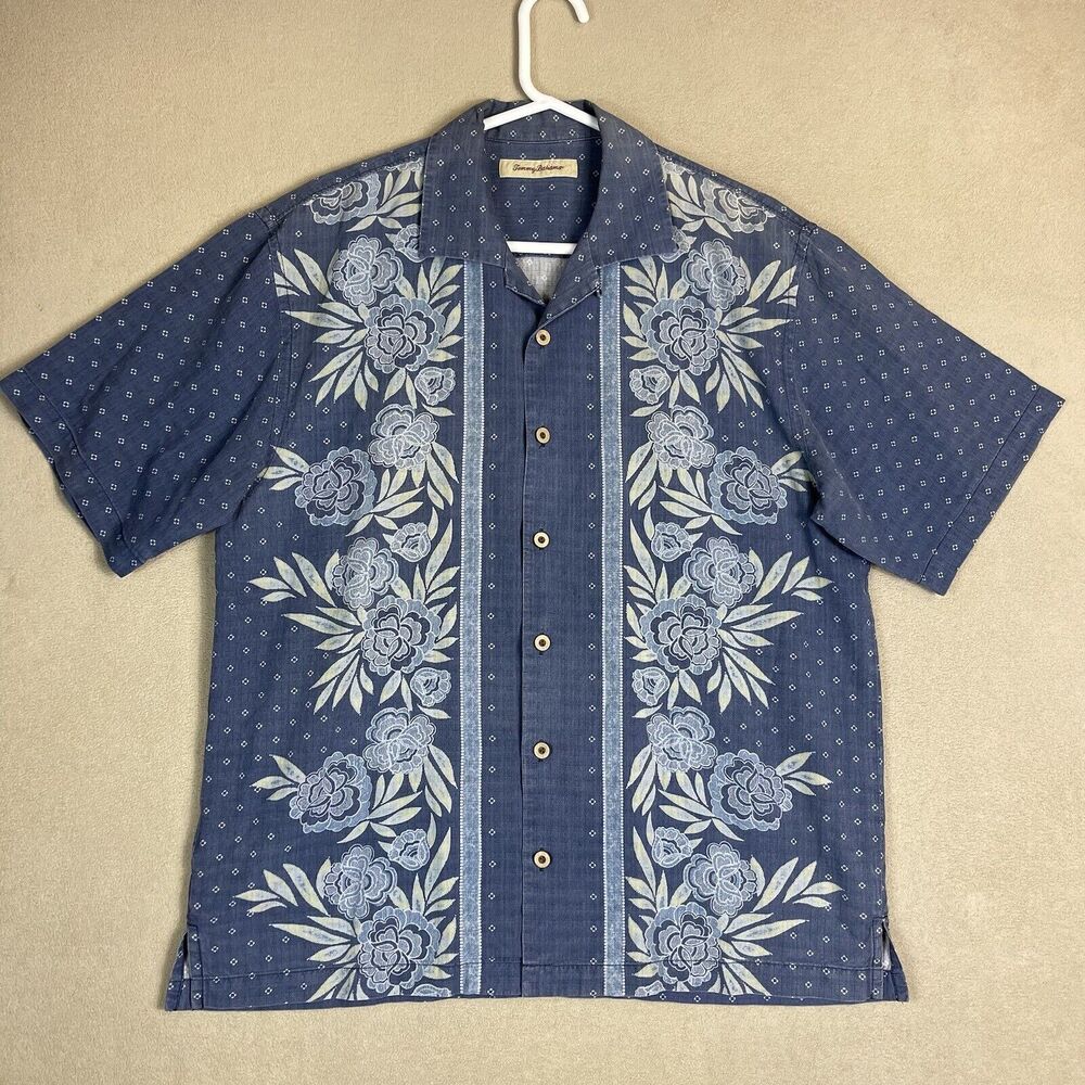 Tommy Bahama Shirt Mens Large Blue Floral Silk Hawaiian Short Sleeve‎ Adult
